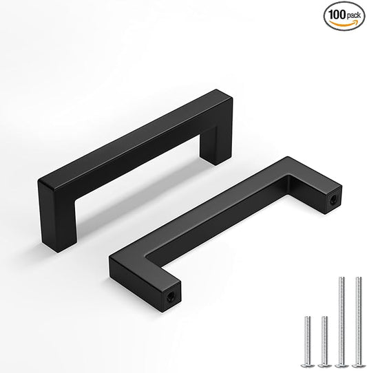 homdiy 100 Pack Matte Black Cabinet Pulls 3-9/16 Inch Black Cabinet Pulls Stainless Steel Drawer Dresser Handle Drawer Handle Stainless Steel Dresser Hardware Center to Center 90mm Square Bar Hardware