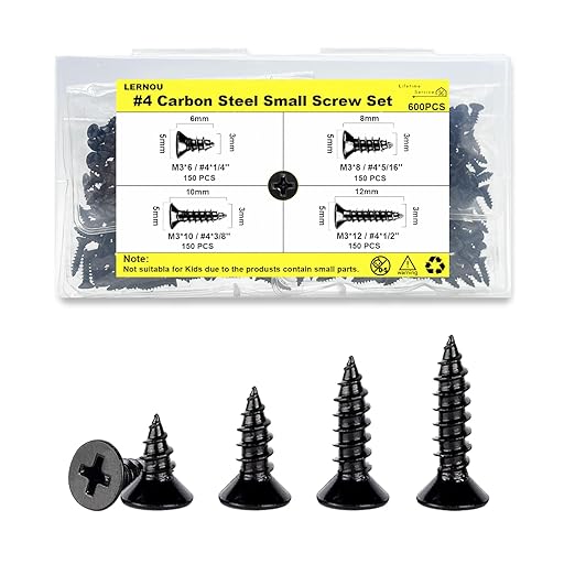#4 Wood Screws Assortment Kit, Self-Tapping Phillips Drive Small Screws, Black Screws, Flat Head Small Wood Screw Made of Carbon Steel, 4 Sizes(1/4'',5/16'',3/8'',1/2'') 600pcs