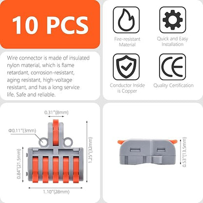 10Pcs Lever Wire Connectors, 1 in 5 Out DIY Mini Splicing Compact Quick Push-in Electrical Connectors, 24-12 AWG