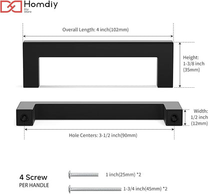 homdiy 40 Pack Matte Black Cabinet Pulls 3-9/16 Inch Black Cabinet Pulls Stainless Steel Drawer Dresser Handles Drawer Handle Stainless Steel Dresser Hardware Center to Center 90mm Square Bar Hardware
