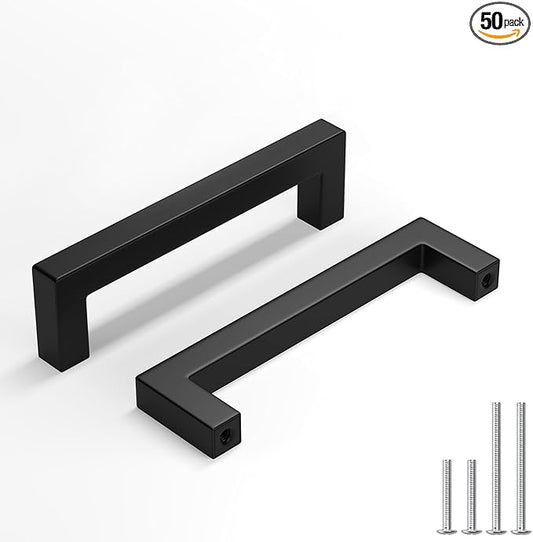 homdiy 50 Pack Cabinet Pulls 4 Inch Black Kitchen Cabinet Handles Stainless Steel Drawer Dresser Pulls Drawer Handles Stainless Steel Dresser Hardware Center to Center 102mm Square Bar Hardware