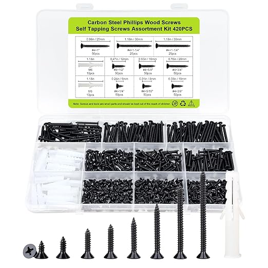 #4 Flat Head Small Wood Screws Assortment kit 420Pcs, Black Phillips Short Screw, Carbon Steel, Cabinet Hinge Mounting, Electronics DIY Micro Screws Fasteners Set, Contains 20pcs M6 Screw Anchors